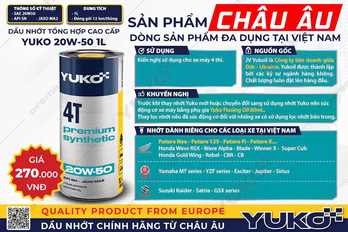Yuko Premium Synthetic 20W-50 1L - Nhớt Tổng Hợp Nhập Châu Âu - Ảnh minh họa 5